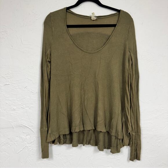 Free People Green Boho Thermal Sweater Womens S Oversized Waffle Knit Casual - Picture 1 of 9